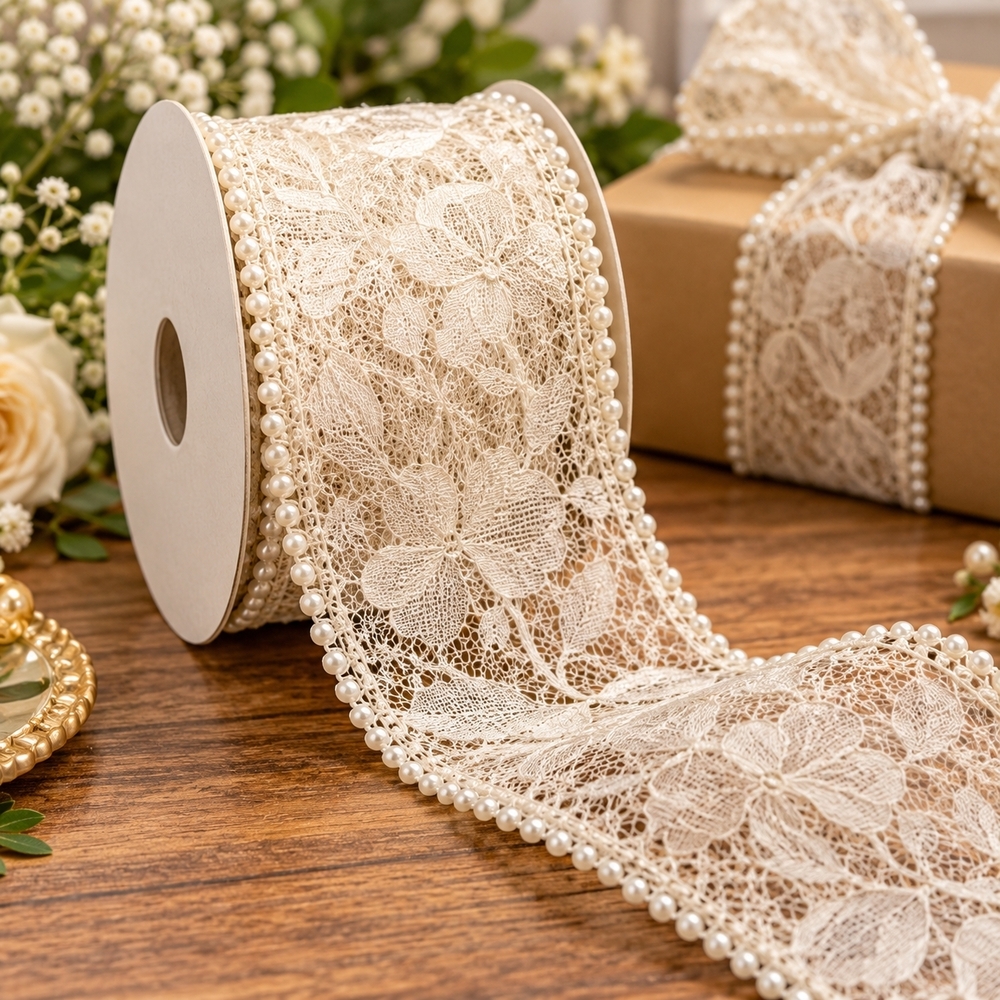 Designers Guild Vintage Wide Off White Cream Lace Ribbon Wired Edge Bead Wedding